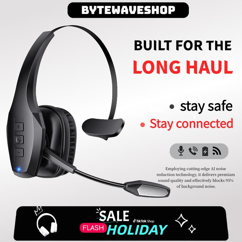 Bytewaveshop Trucker Bluetooth Headset, Wireless with Mic,Bluetooth Headset with Dual Noise Cancelling Microphone & Mute Button, 55Hrs Working Time PC Headset for Cell Phones, Computer, Truck Driver Audio Headphone#Tiktokshopblackfriday